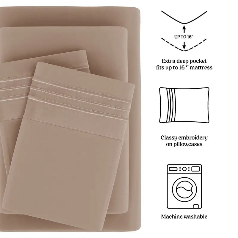Lux Decor 4 Pieces Solid Bedsheets - 1800 Series Stylish Comfy Bedding Sheet Set - Hotel Luxury Skin Friendly Cooling Sheets & Embroidered Pillowcases