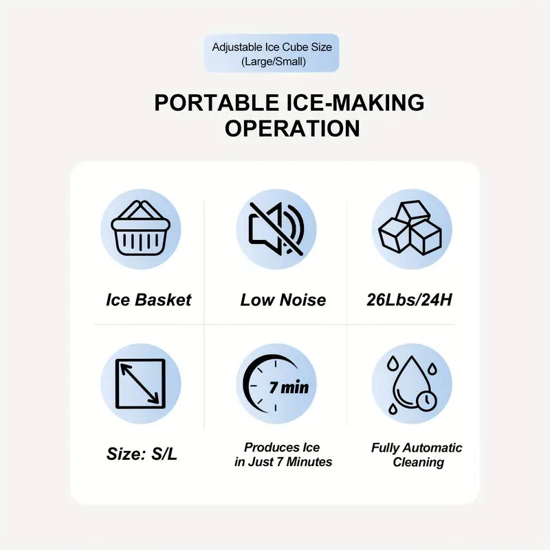 LBC 26lb/24h Desktop Ice Maker with Handle - 9 Ice Cubes in 6 Minutes, Automatic Cleaning, Portable Design, Includes Basket & Scoop, 110-120V, US Plug, Compact for Home,