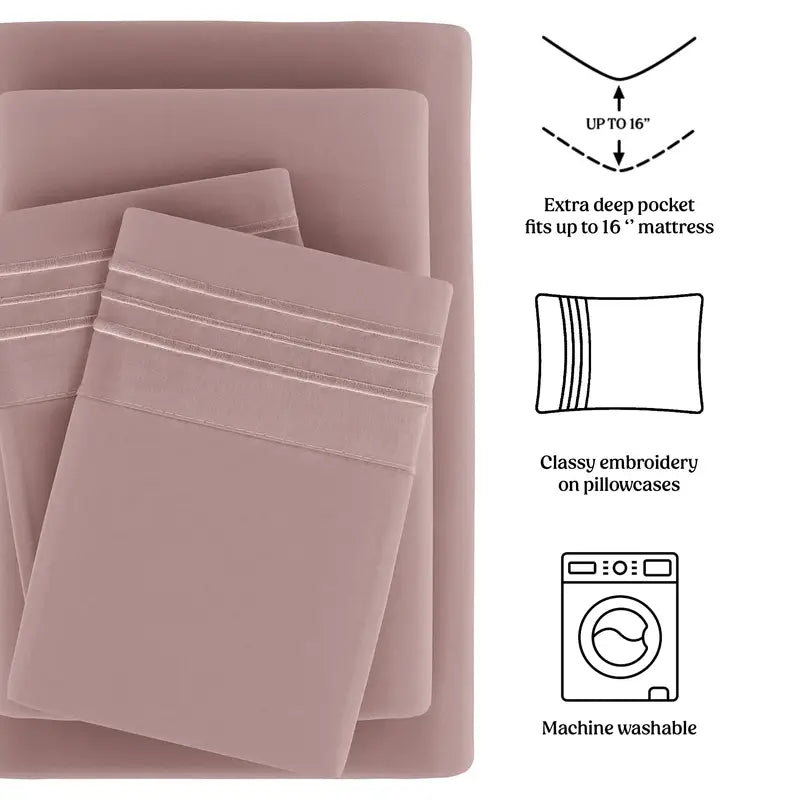 Lux Decor 4 Pieces Solid Bedsheets - 1800 Series Stylish Comfy Bedding Sheet Set - Hotel Luxury Skin Friendly Cooling Sheets & Embroidered Pillowcases
